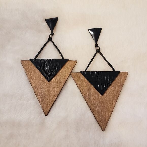 Geometric Wood and Metal Drop Earrings - Picture 1 of 4